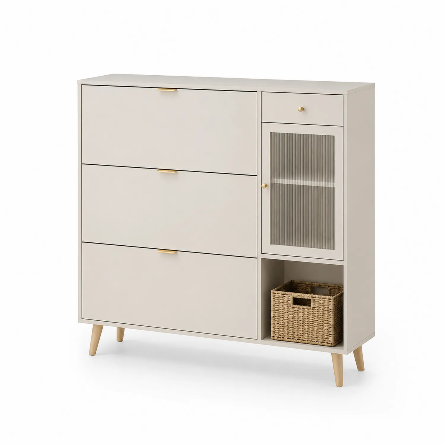 Komoda z MDF z 3 szufladami i 1 szafką ze szkła hartowanego-Arzenorae