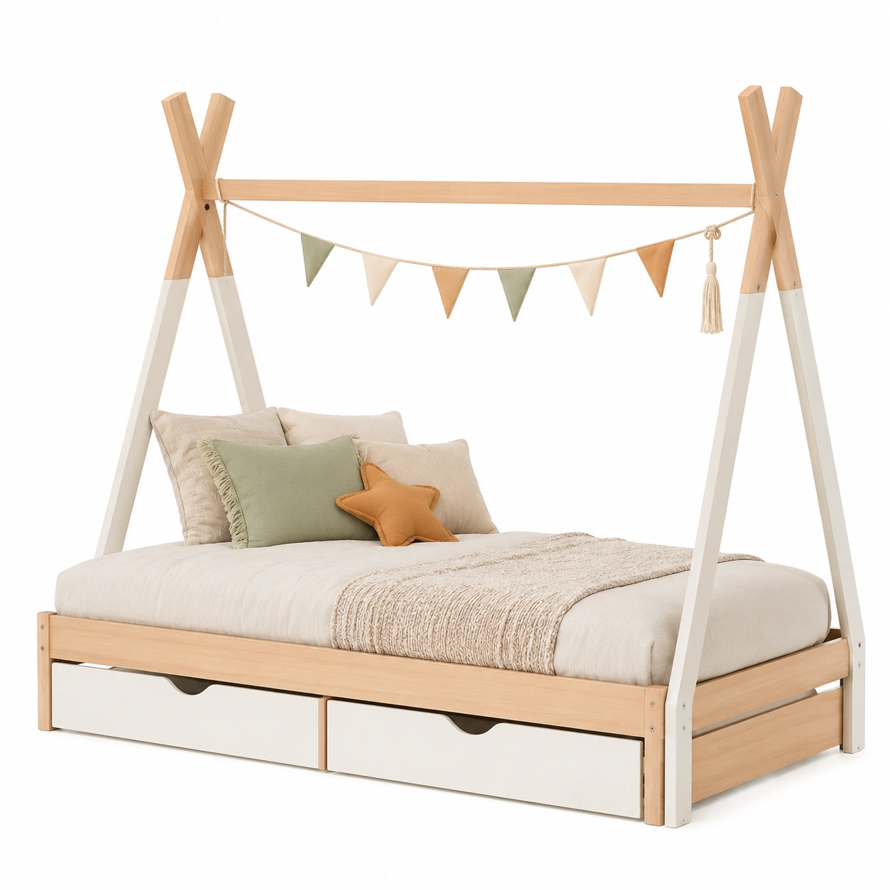 Cama tipi infantil beige y verde oliva suave-Novafurnis