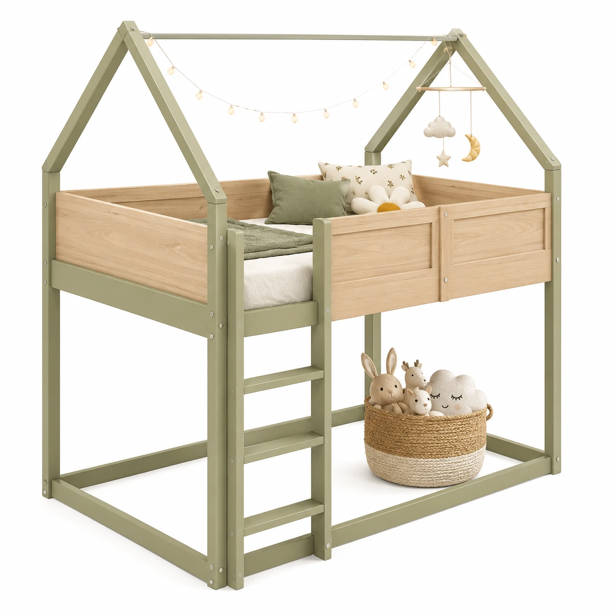 Cama infantil tipo casita en verde suave y madera natural-Novafurnis