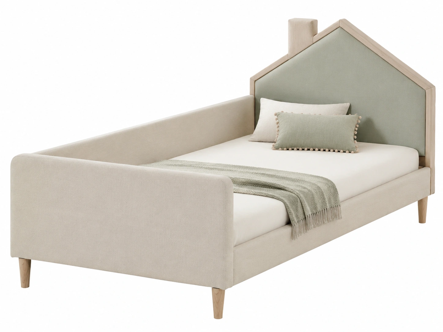 Cama infantil nordica verde salvia con respaldo tipo casa-Novafurnis