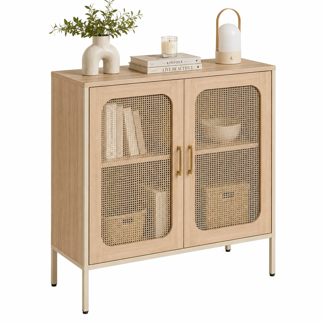Aparador Compacto de Madera y Ratán Natural-Novafurnis