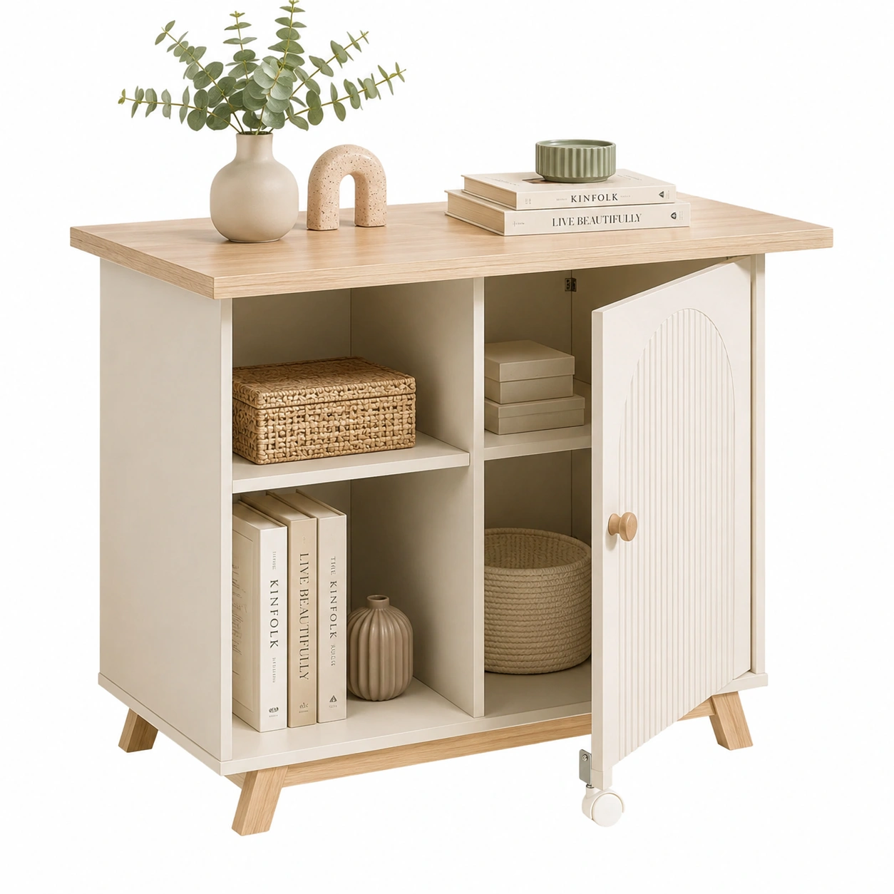 Aparador beige de estilo nordico con puerta acanalada-Novafurnis