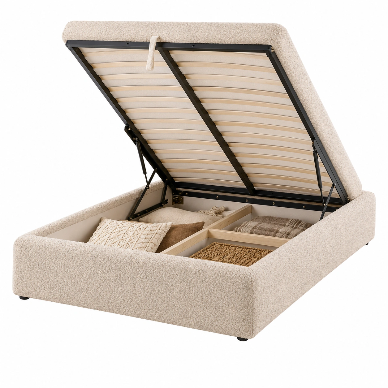 Cama tapizada beige con almacenaje elevable-Novafurnis