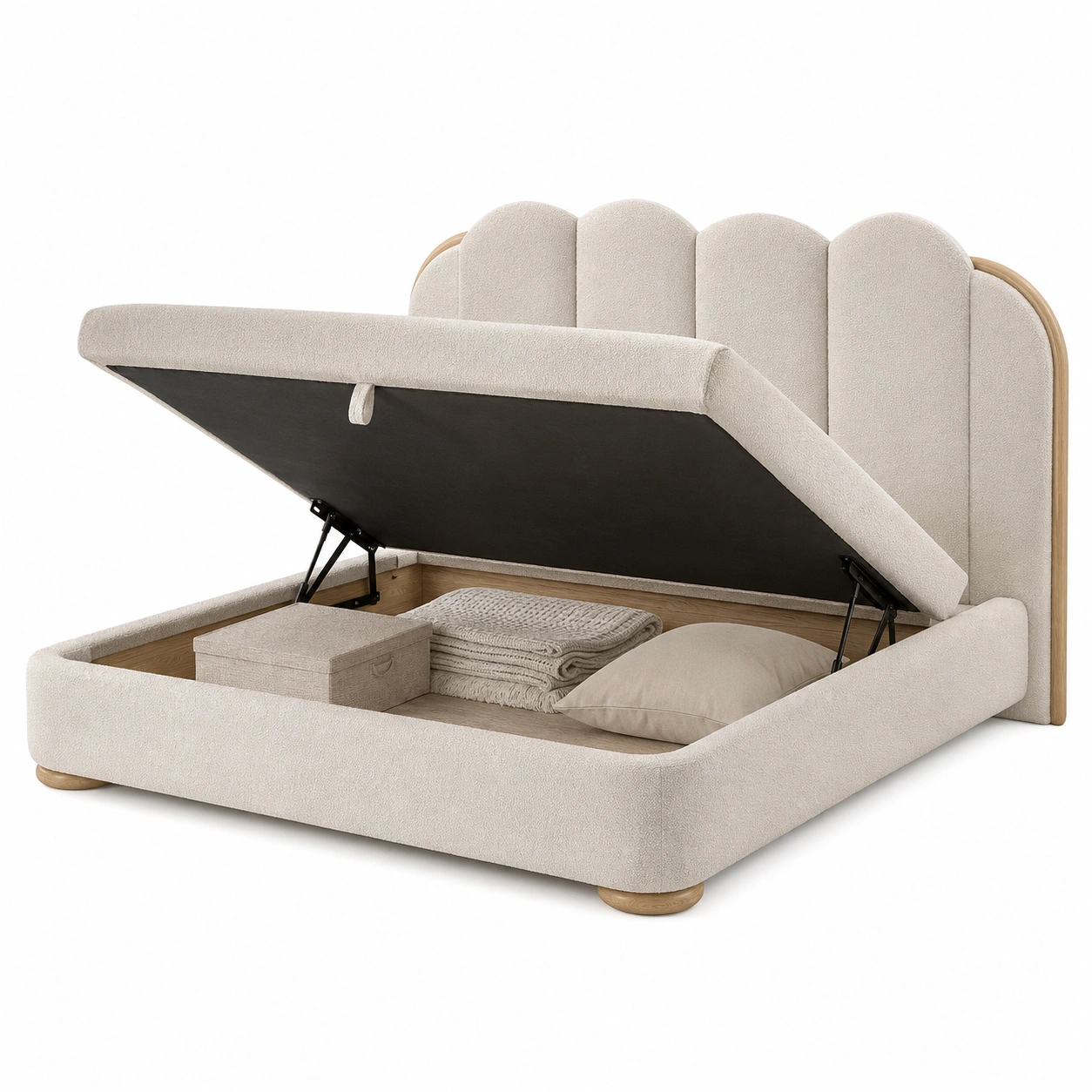 Cama tapizada beige con cabecero ondulado y almacenaje-Novafurnis