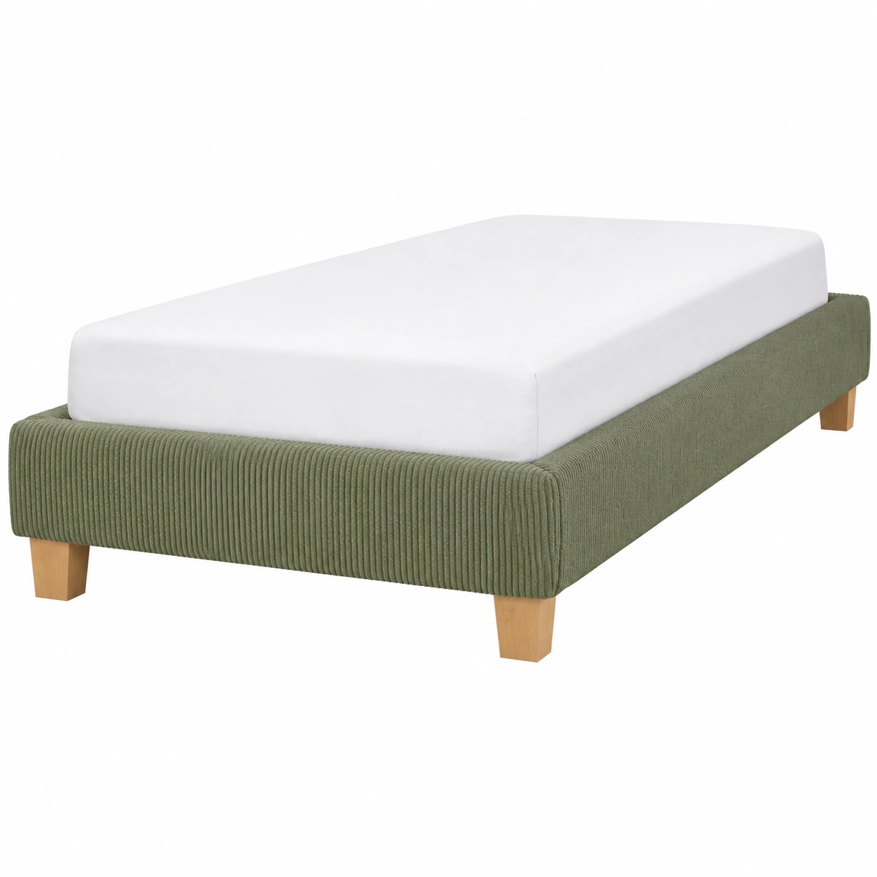 Cama tapizada moderna de tela acanalada verde oliva con patas de madera para dormitorio minimalista-Novafurnis