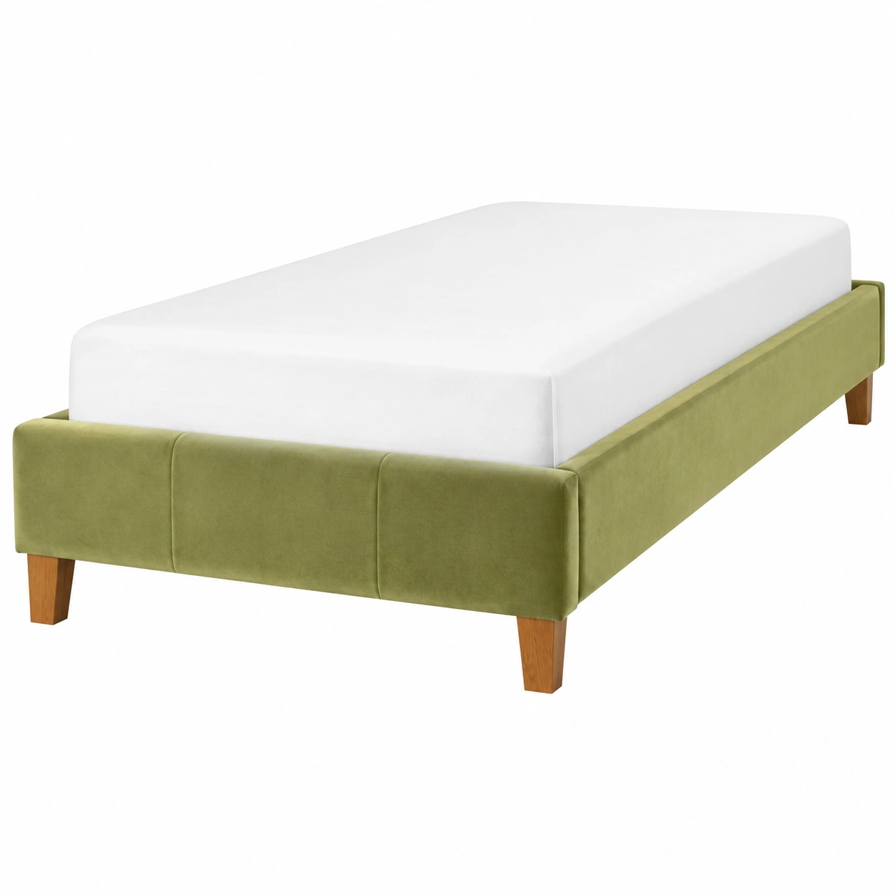 Cama tapizada contemporanea de terciopelo verde claro con patas de madera inclinadas para dormitorio elegante-Novafurnis