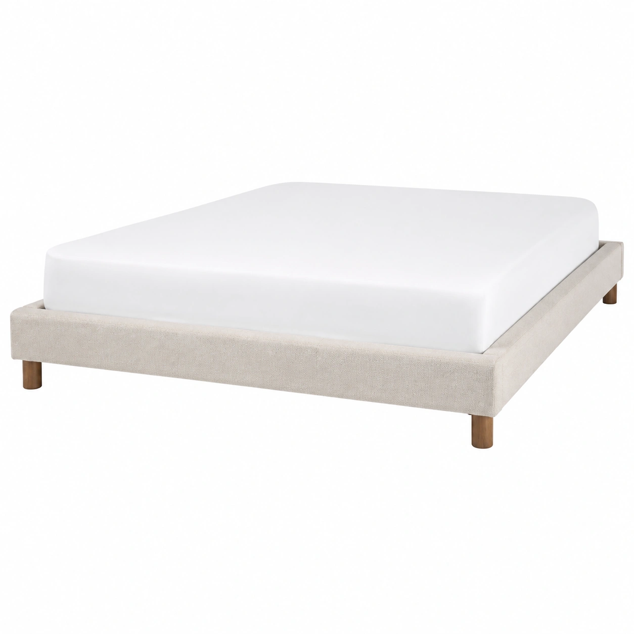 Cama tapizada minimalista de tela bouclé beige con estructura baja y patas redondas de madera-Novafurnis