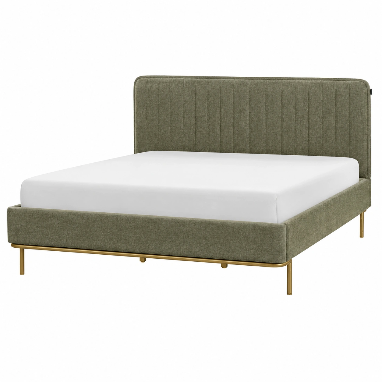 Cama tapizada moderna de terciopelo verde oliva con cabecero vertical y base metalica dorada-Novafurnis