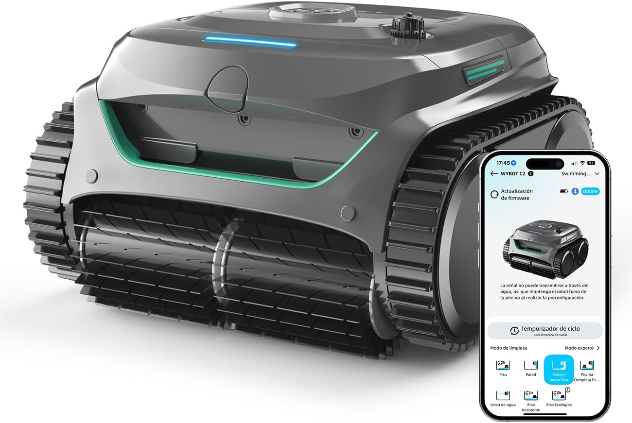WYBOT C2 - Robot limpiafondos piscina inalámbrico - Doble filtración 3 motores y App 150 m2 - Gris verde-Milooabode