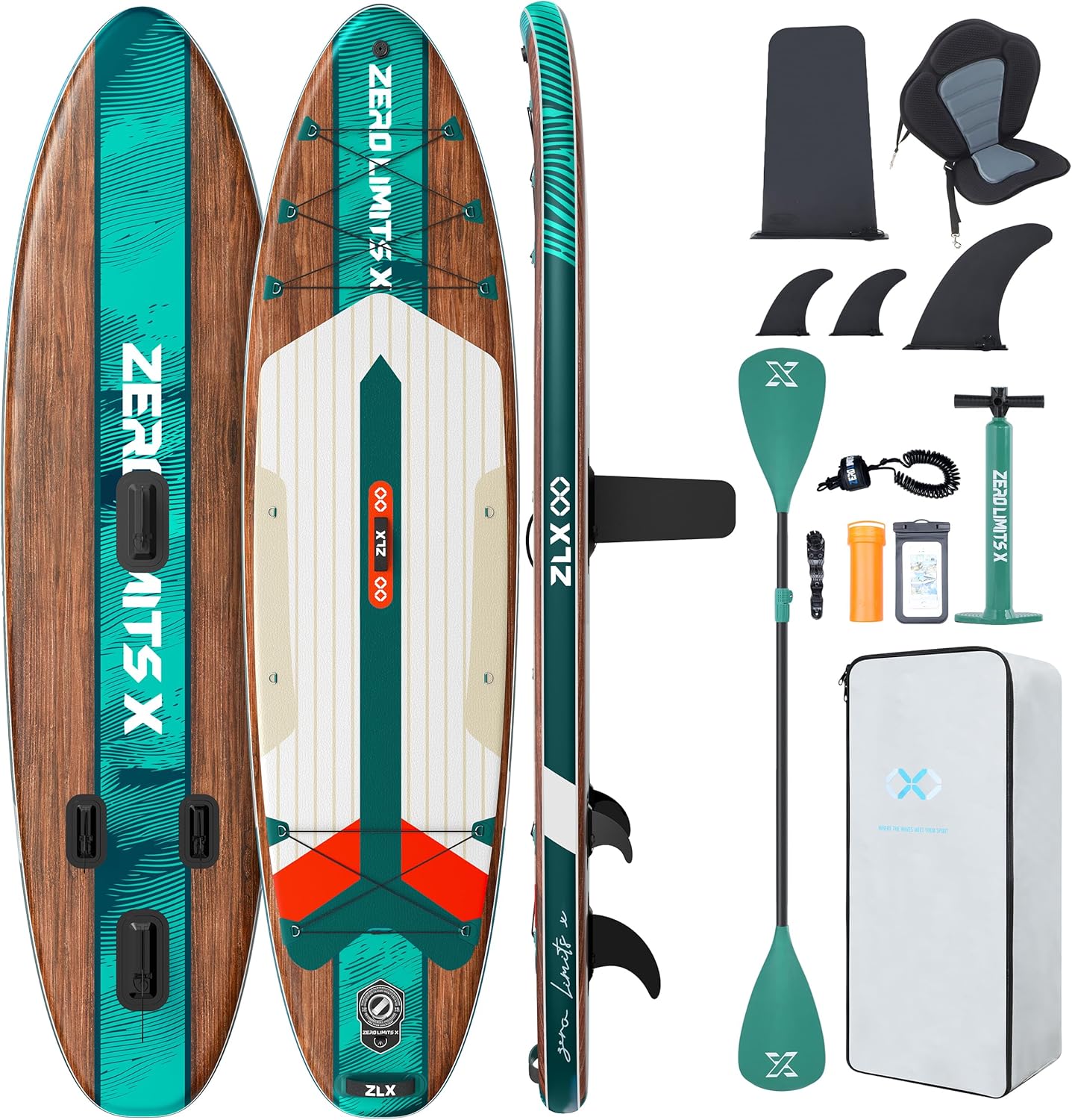 ZLX tabla surf de remo con asiento - 320 cm verde madera - Plástico 6 pulgadas - Antideslizante-Milooabode