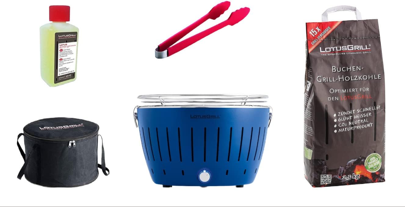 LotusGrill - Barbacoa de carbón con USB - Carbón haya pasta combustión pinzas y bolsa - Azul profundo-Milooabode