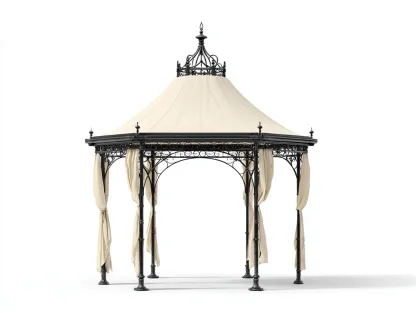 Pérgola de jardín 300x300x280 cm - estructura metálica negra - techo textil beige - diseño clásico-Milooabode