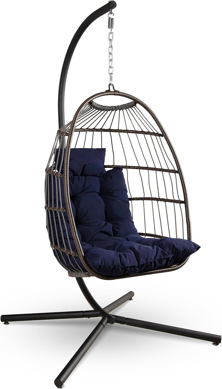 Silla huevo colgante SereneLife - soporte azul profundo - mimbre acero y ratán - cojines plegable-Milooabode