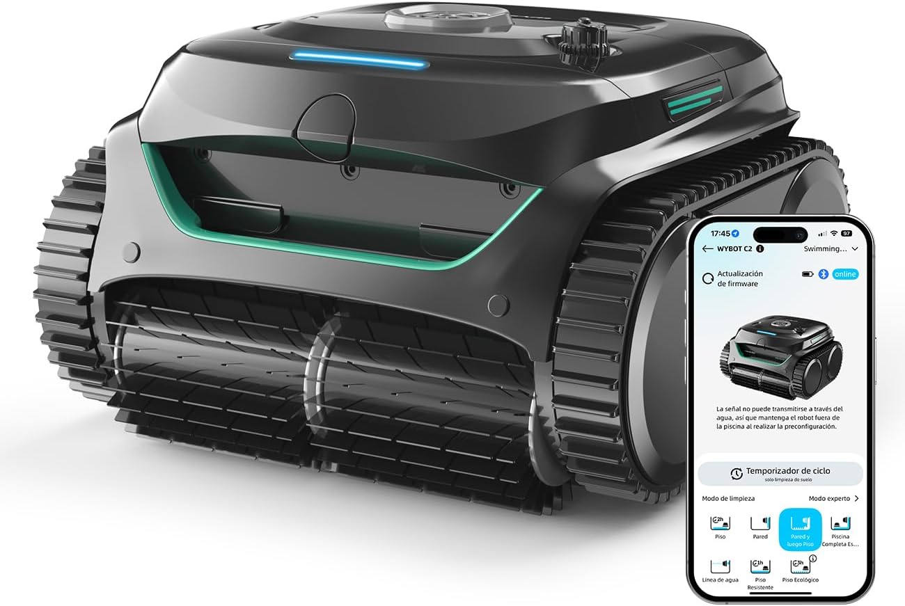 WYBOT C2 - Robot limpiafondos piscina inalámbrico - Doble filtración 3 motores y App - Negro verde gris-Milooabode