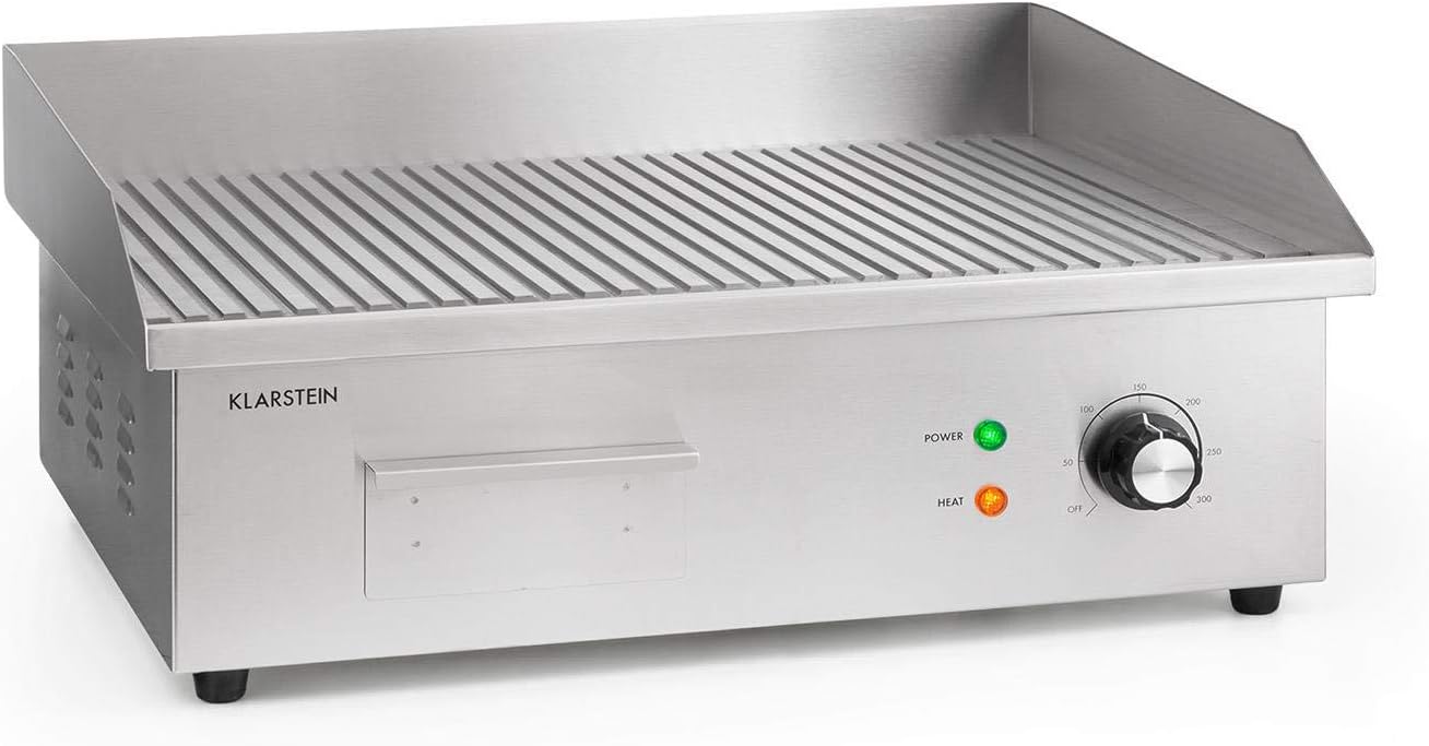 Klarstein - Plancha barbacoa eléctrica profesional - Acero inoxidable 3000 W con surcos - Recoge grasa-Milooabode