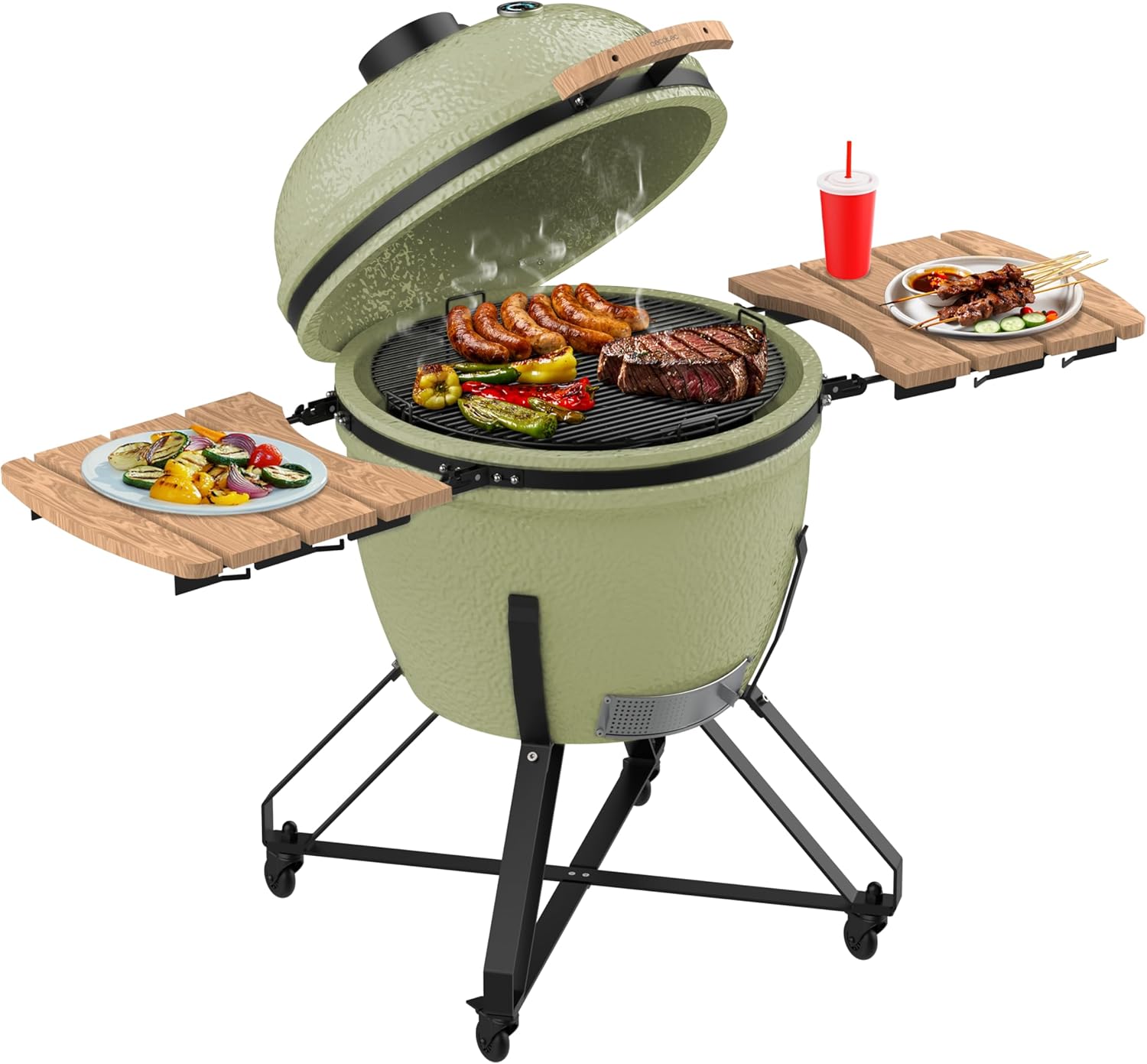 Cecotec DragonFire 6600 - Kamado barbacoa carbón cerámica 66 cm - Soporte hierro ruedas y termómetro - Verde-Milooabode
