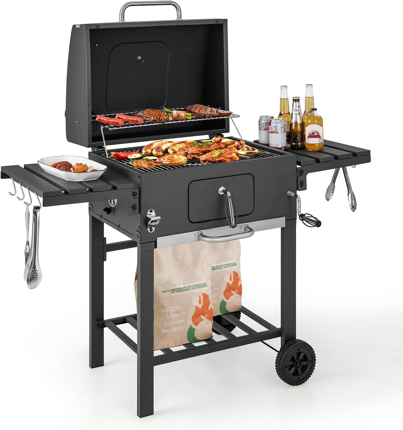 COSTWAY barbacoa carbón XXL - Portátil 128 x 54 x 117 cm - Tapa termómetro - Mesas ruedas ganchos-Milooabode