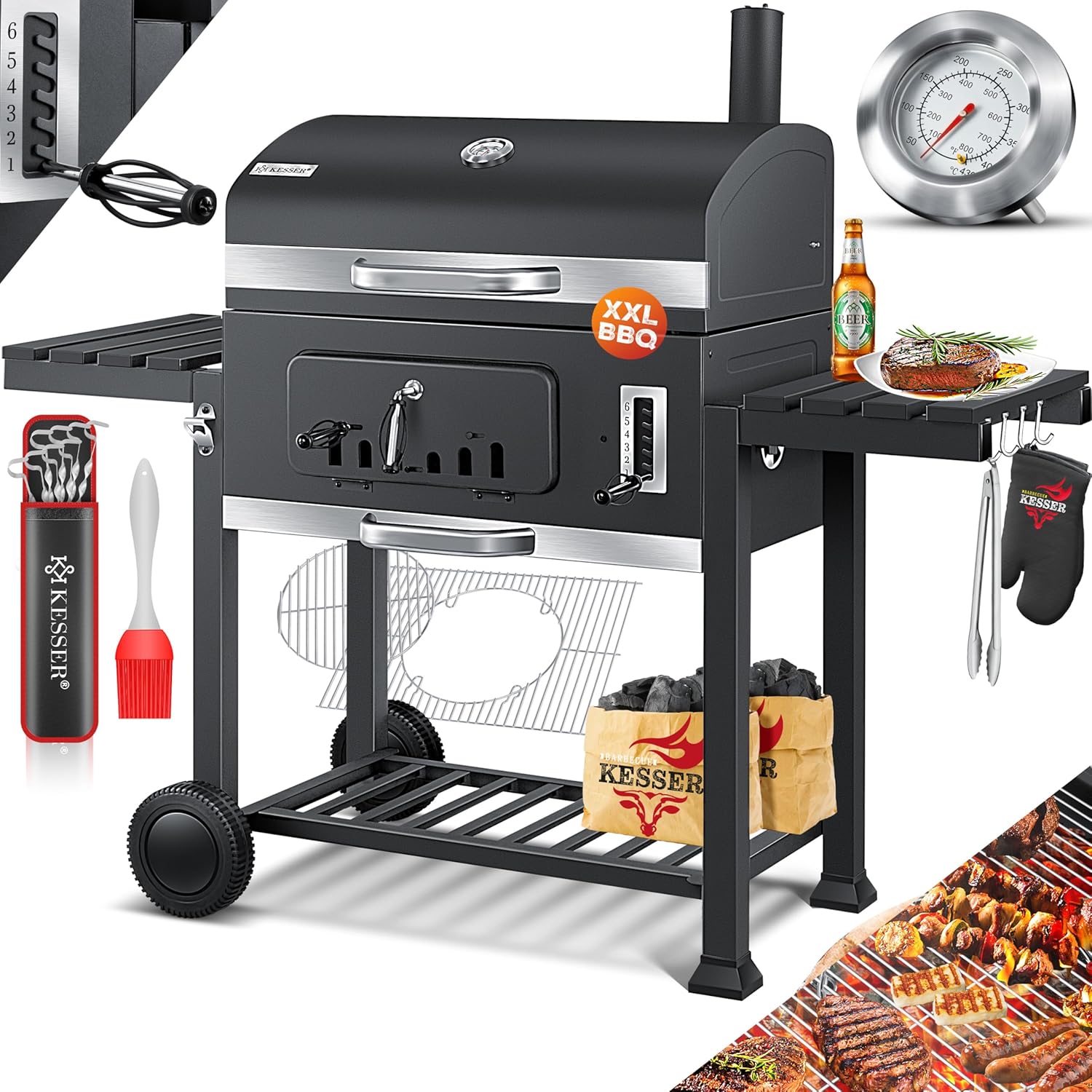 KESSER - Parrilla carbón con carrito XXL - Tapa ruedas termómetro y estante calentamiento - Gris-Milooabode