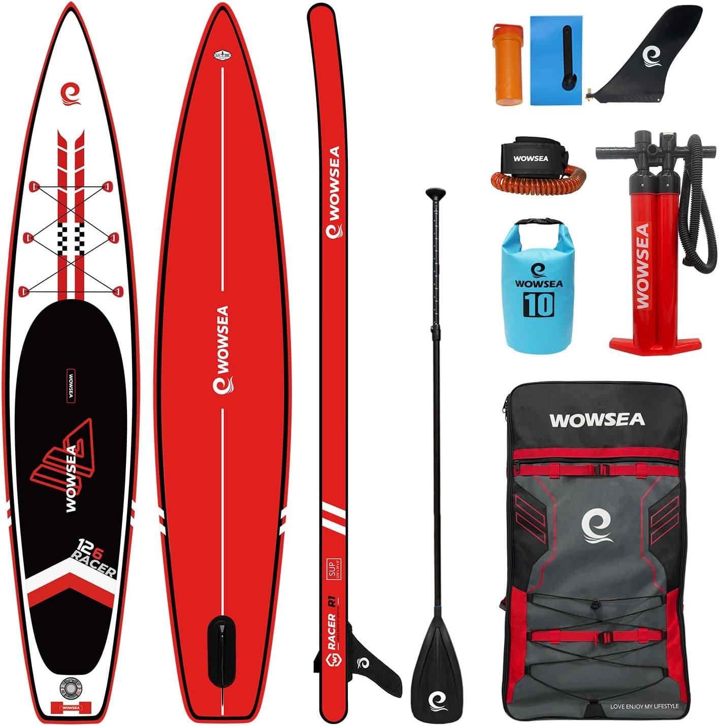 WOWSEA Racer R1 - Tabla paddle surf carreras 385 cm - PVC rojo 15 cm - Accesorios iSUP-Milooabode
