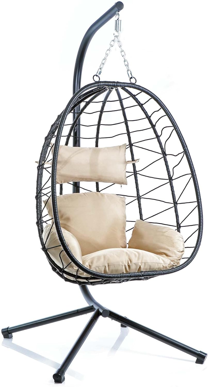 WilTec sillón colgante interior exterior - Polietileno y acero negro - Armazón con cojines - Carga 130 kg-Milooabode
