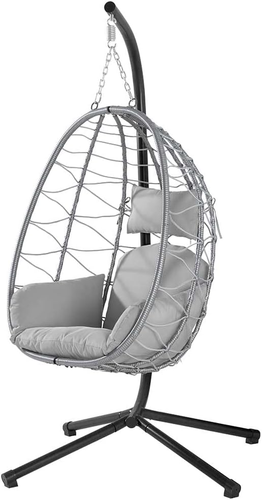 BAKAJI sillón colgante jardín - Metal y ratán gris - Cojín acolchado con reposacabezas - Exterior-Milooabode