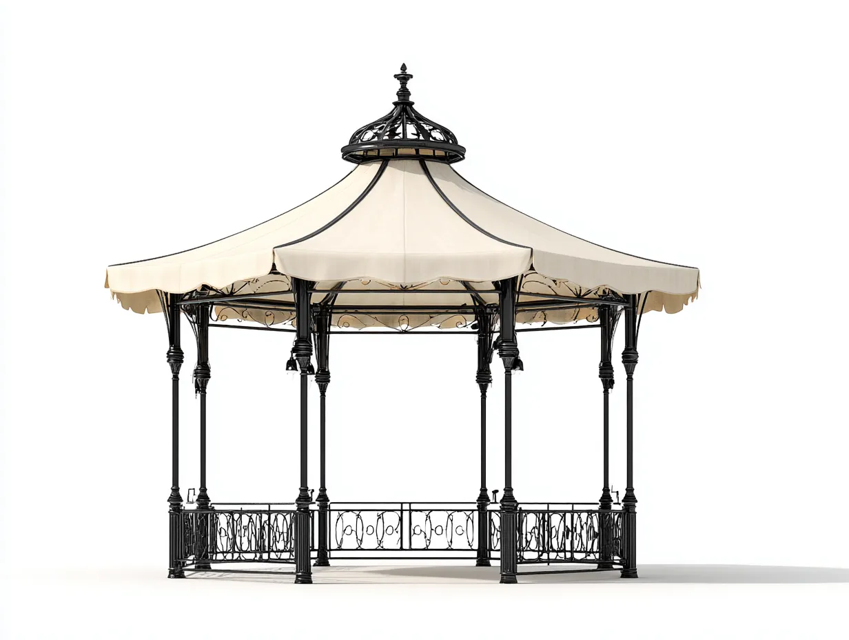 Pérgola de jardín de hierro con techo de tela y barandilla decorativa 350x350x300 cm - negro-beige - diseño clásico para exterior-Milooabode