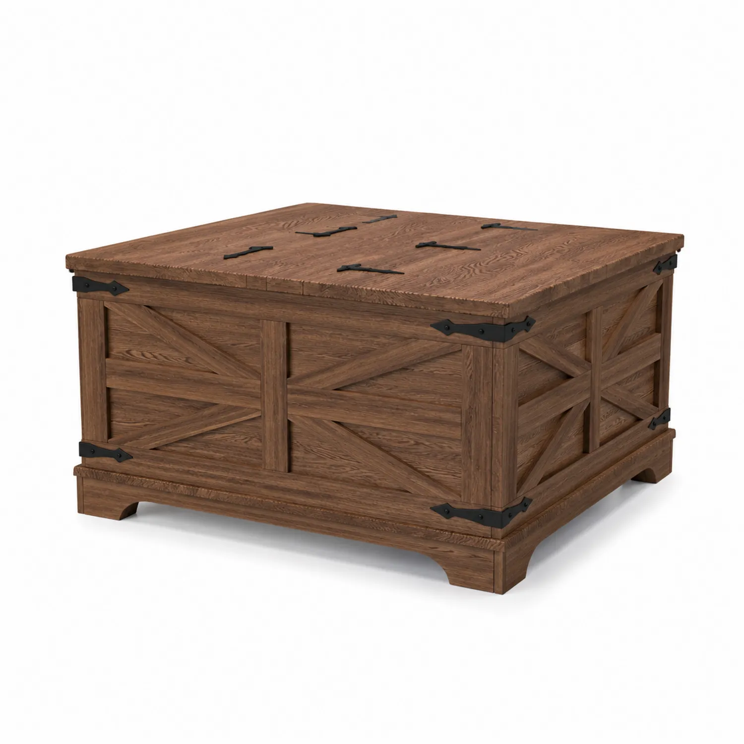 Quadratischer Couchtisch aus Eichenholz mit Metallbeschlägen, 80x80x50 cm, Braun-norlontin