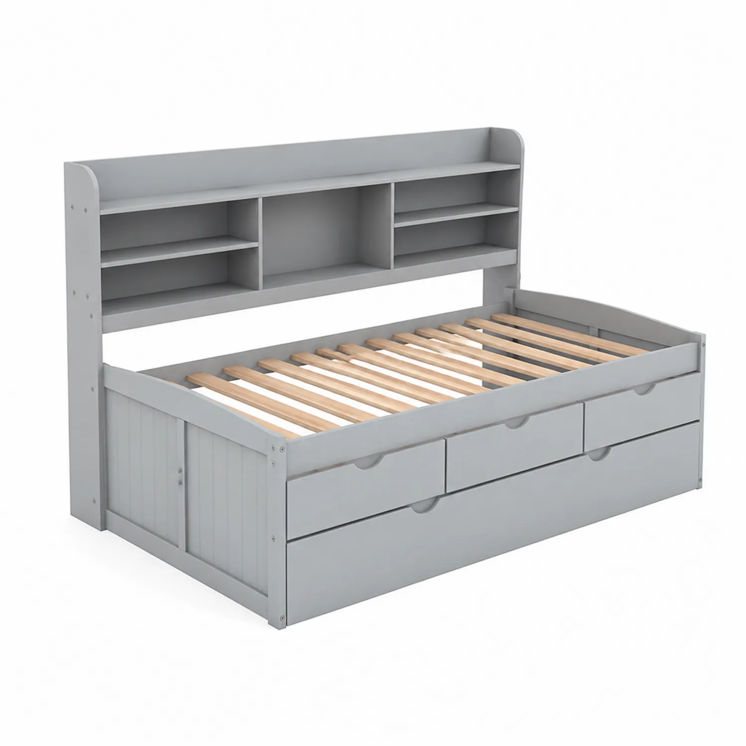 Holztagesbett mit Schubladen und Regal in Grau-norlontin