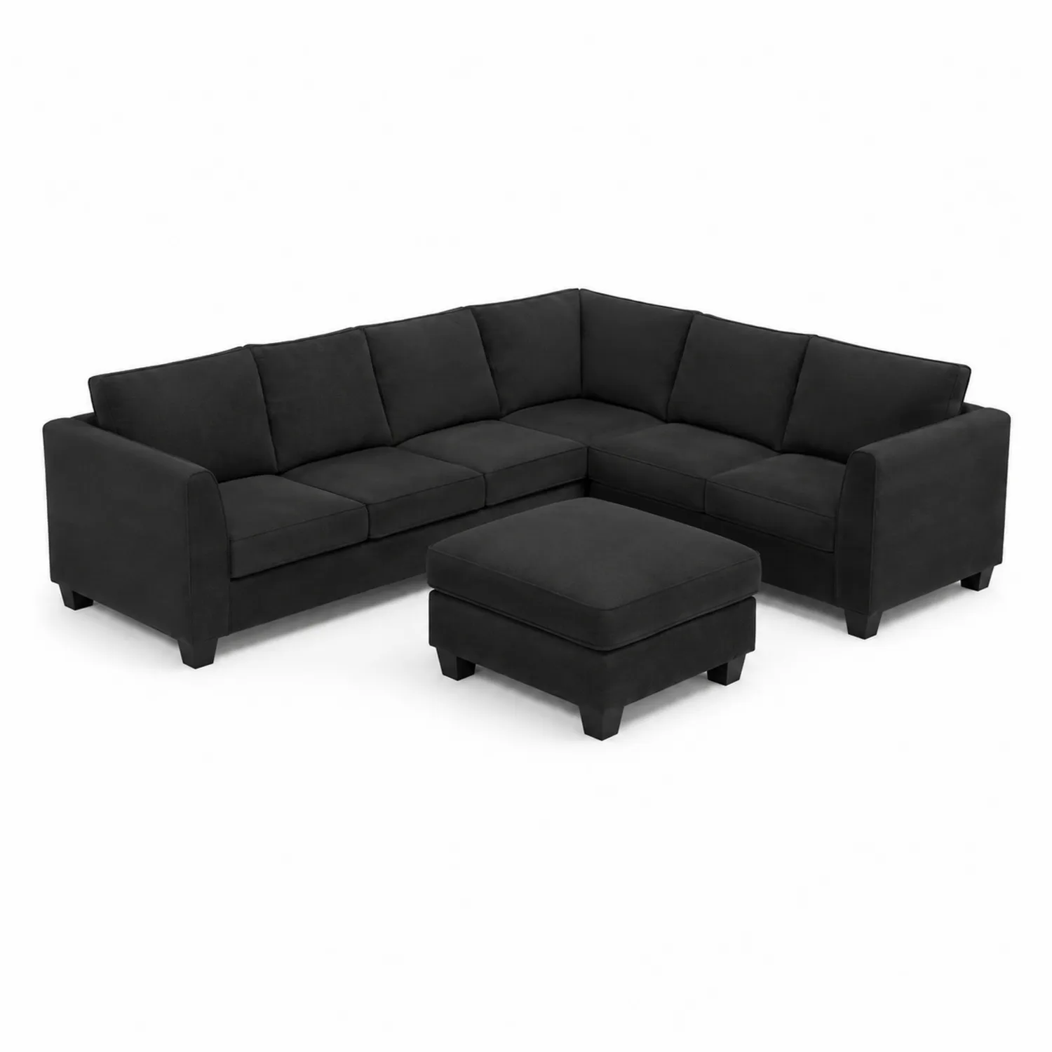 Czarna sofa narożna z podnóżkiem, tapicerowana