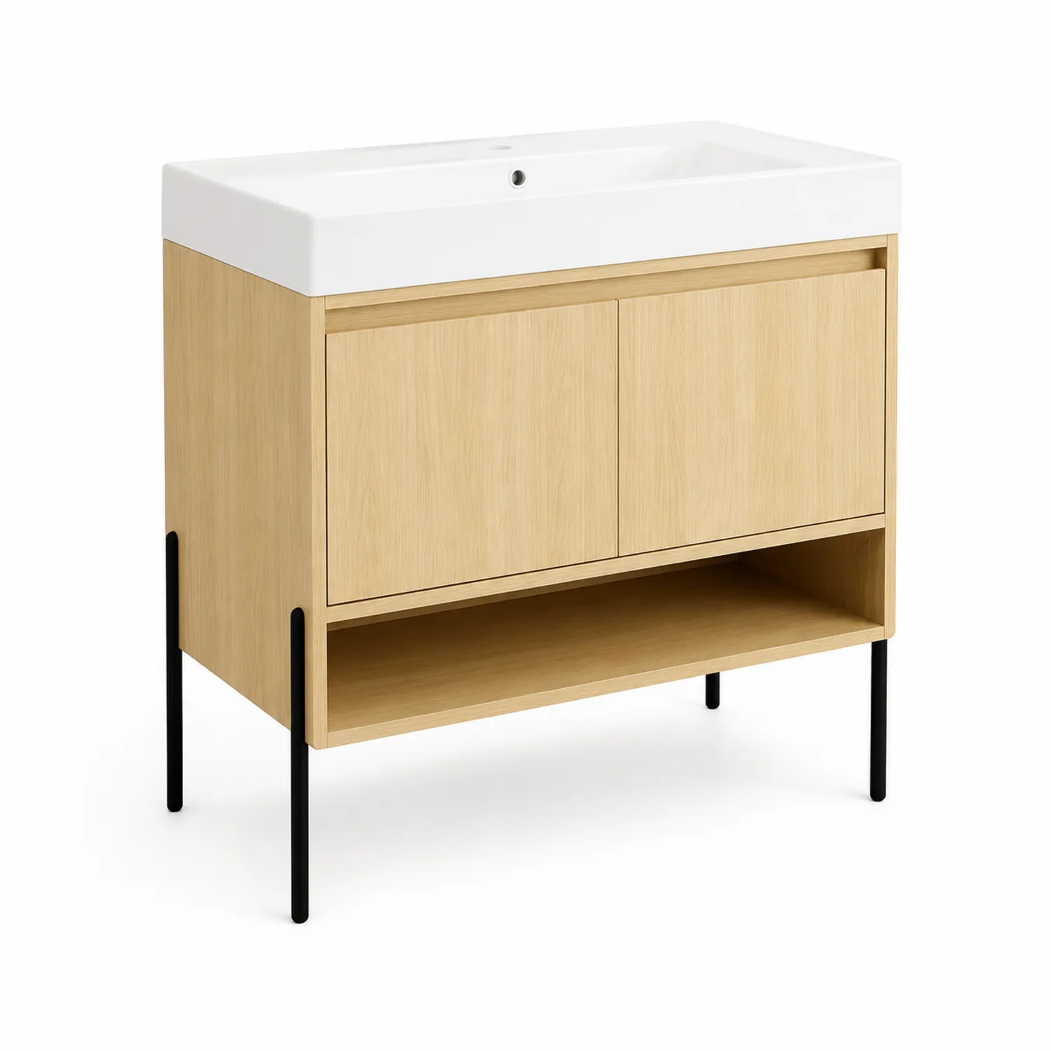 Szafka pod umywalkę MDF dąb z umywalką z żywicy i metalowymi nogami 80cm