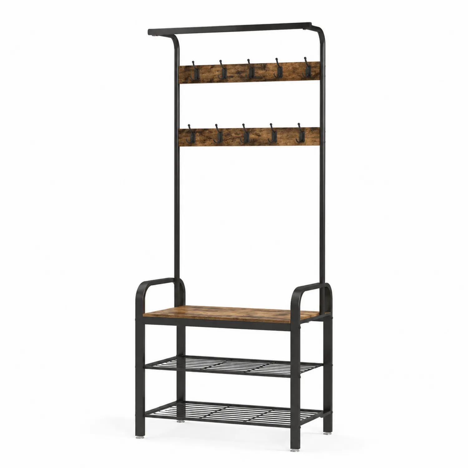 Garderobenständer mit Sitzbank aus Metall und Holz, Schwarz/Braun