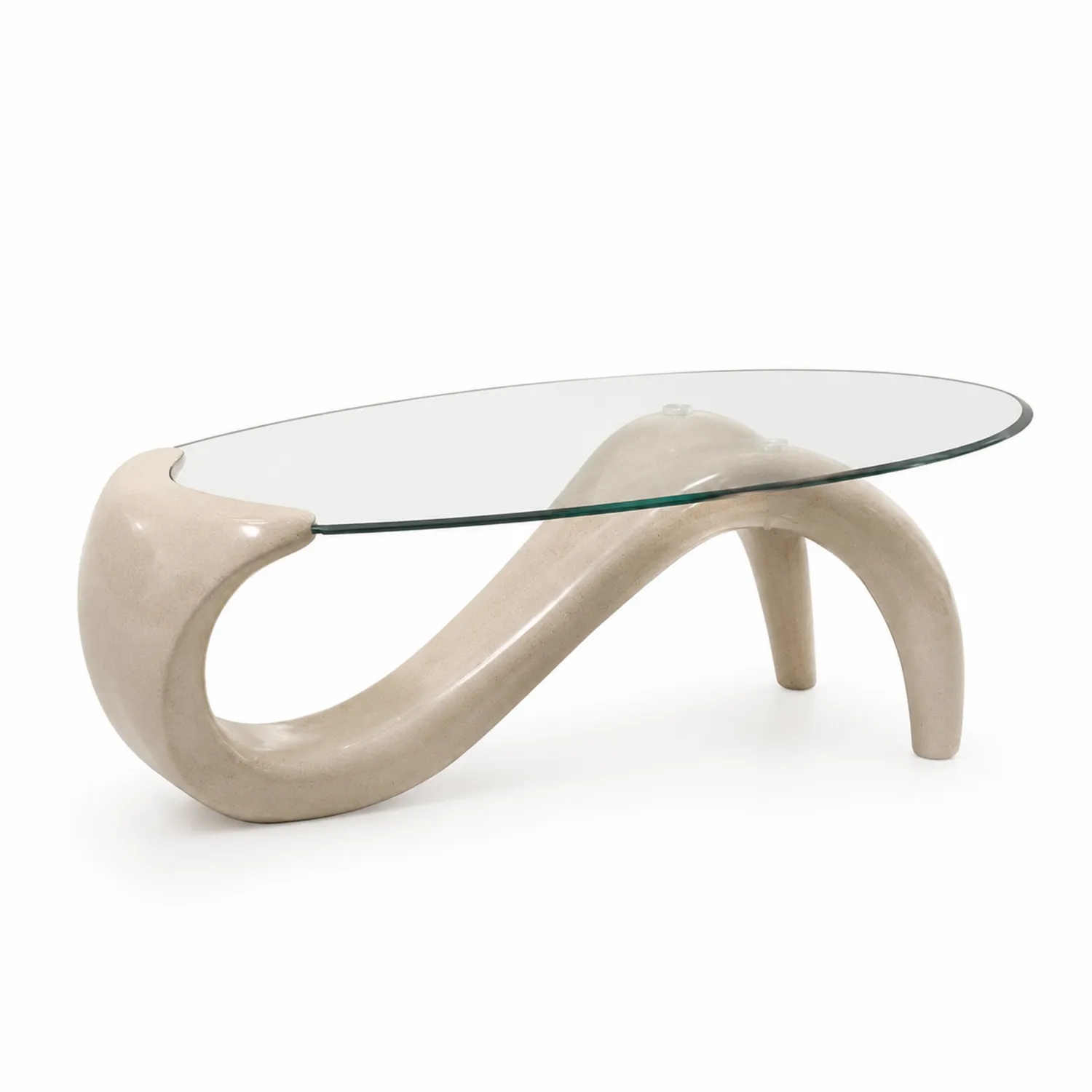 Ovaler Couchtisch aus Glas und Fiberglas in Beige
