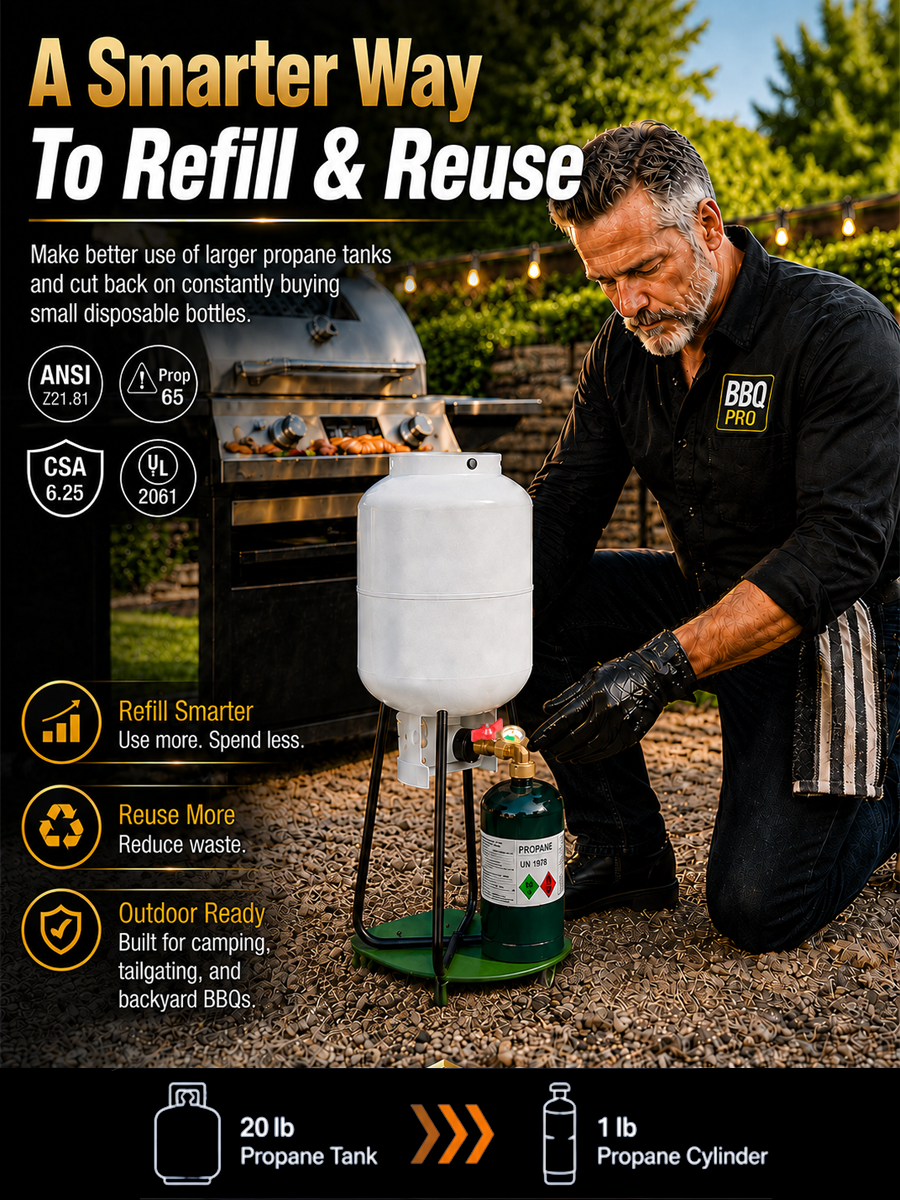 Propane Refill Adapter with Gauge and Control Valve | DOT refillable 1 lb propane cylinder adapter