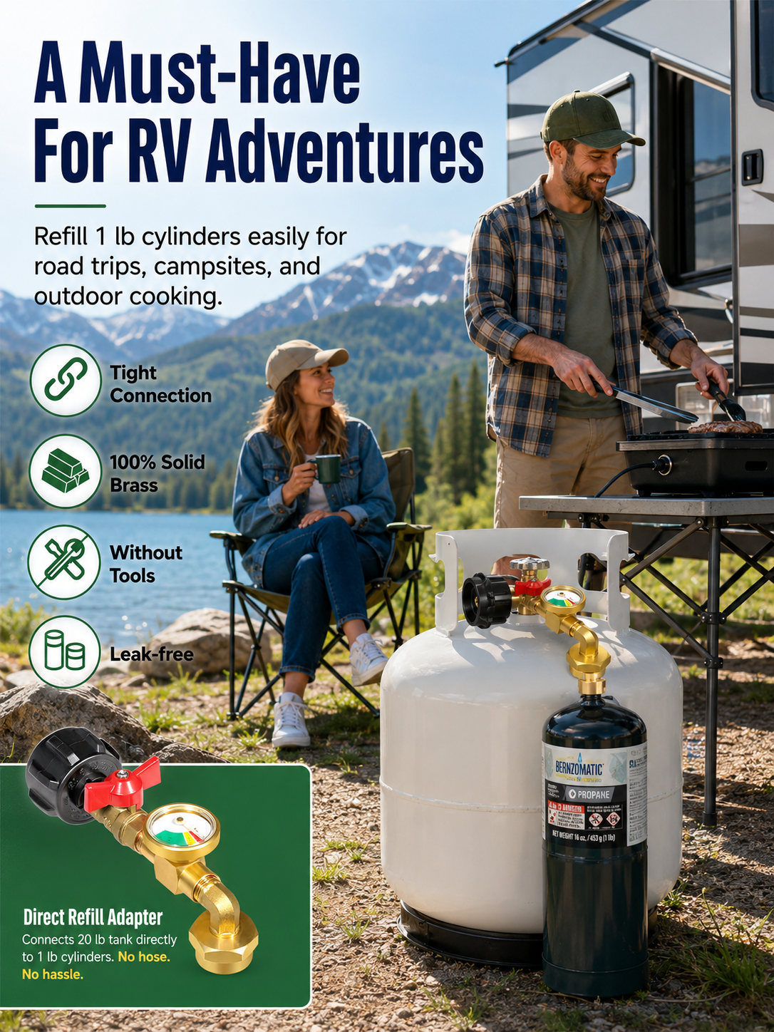 Propane Refill Adapter with Gauge and Control Valve | DOT refillable 1 lb propane cylinder adapter