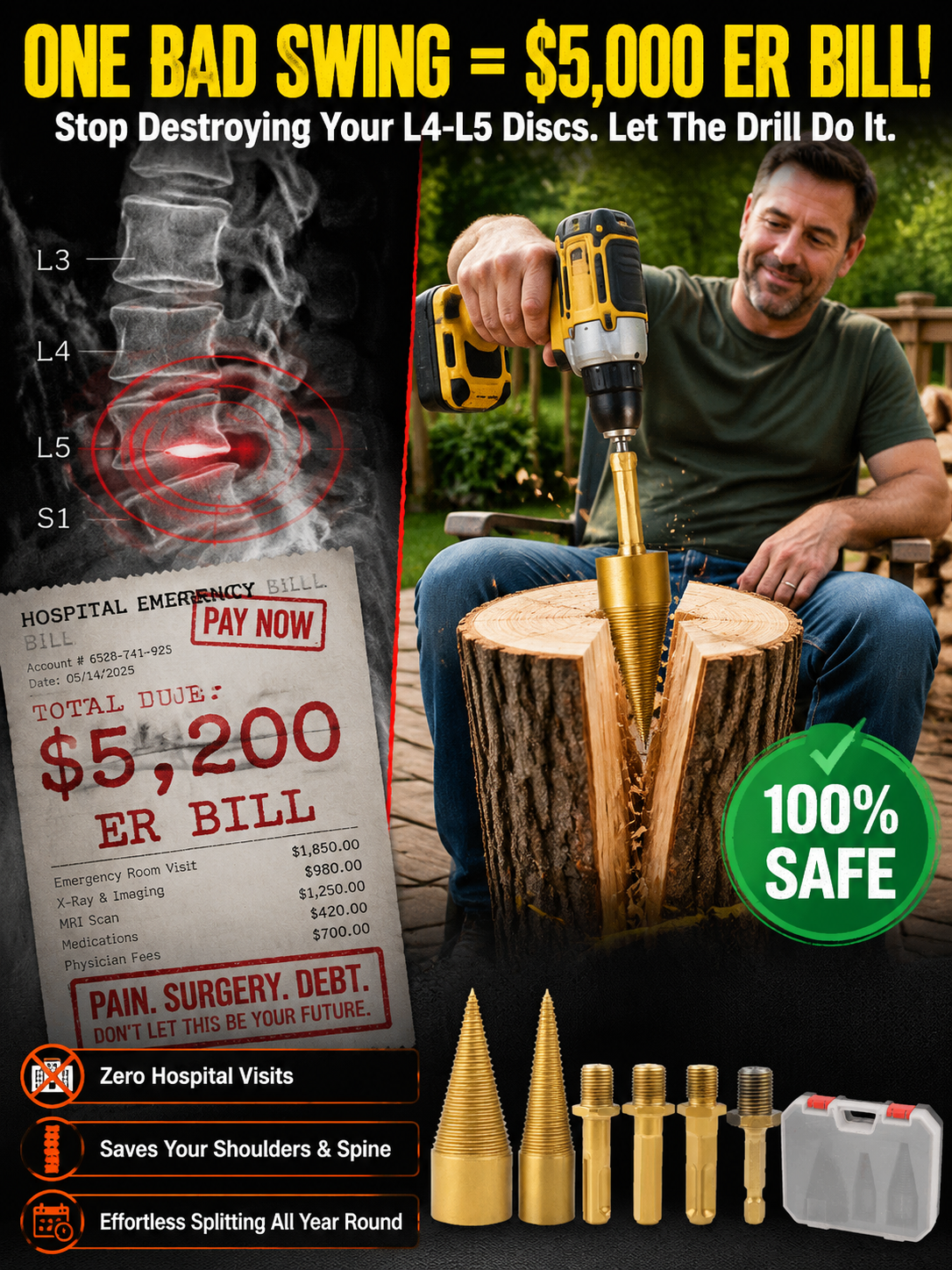 🪓 Titanium Wood Splitter | 6-Piece Drill Bit Set | Titanium Coated | Safe Axe Alternative | Protect Your Back⚡