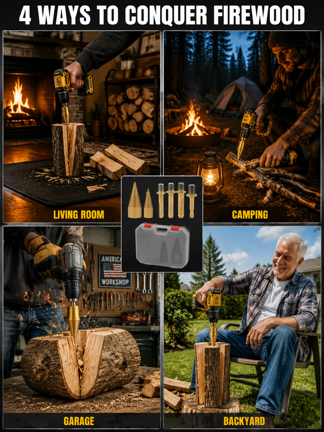 🪓 Titanium Wood Splitter | 6-Piece Drill Bit Set | Titanium Coated | Safe Axe Alternative | Protect Your Back⚡