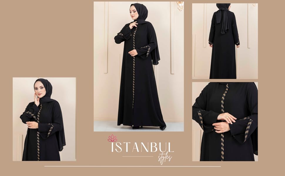 istanbulstyles Women's Abaya Lace Applique Long Sleeve Floor
