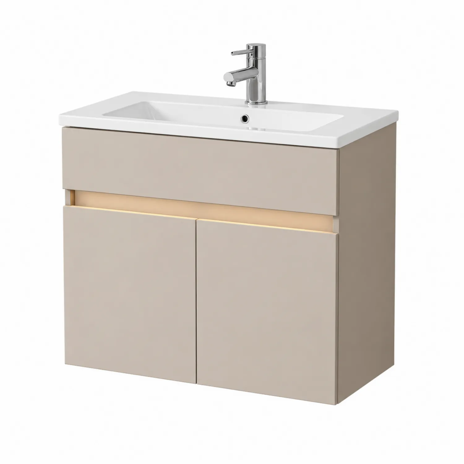 Szafka łazienkowa wisząca MDF beżowa z umywalką porcelanową 80 cm