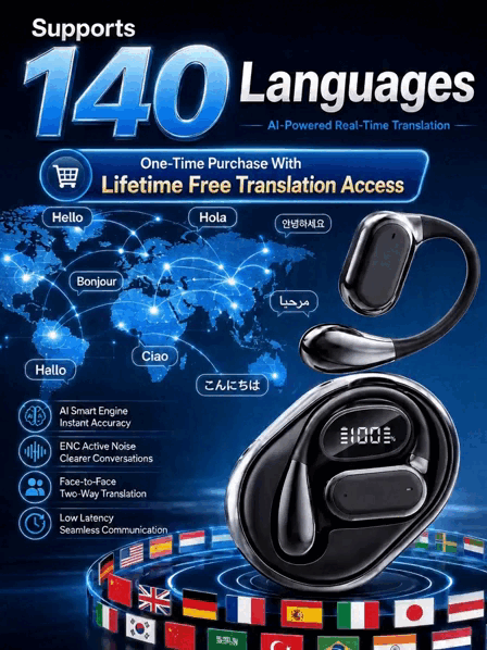 💰One-Time Purchase With Lifetime Free Translation Access | 140 +Languages AI Real-Time Translation Open Ear Wireless Earbuds | ENC Noise Reduction Translator Headset