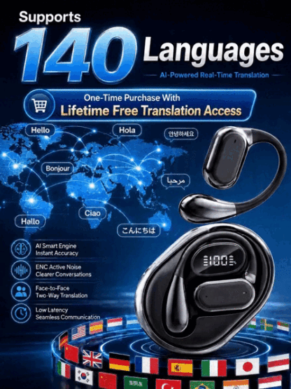 💰One-Time Purchase With Lifetime Free Translation Access | 140 +Languages AI Real-Time Translation Open Ear Wireless Earbuds | ENC Noise Reduction Translator Headset