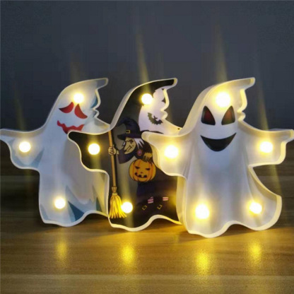 Halloween LED lights with painted skulls, spiders, bats, ghosts, and pumpkins for decoration and atmosphere.