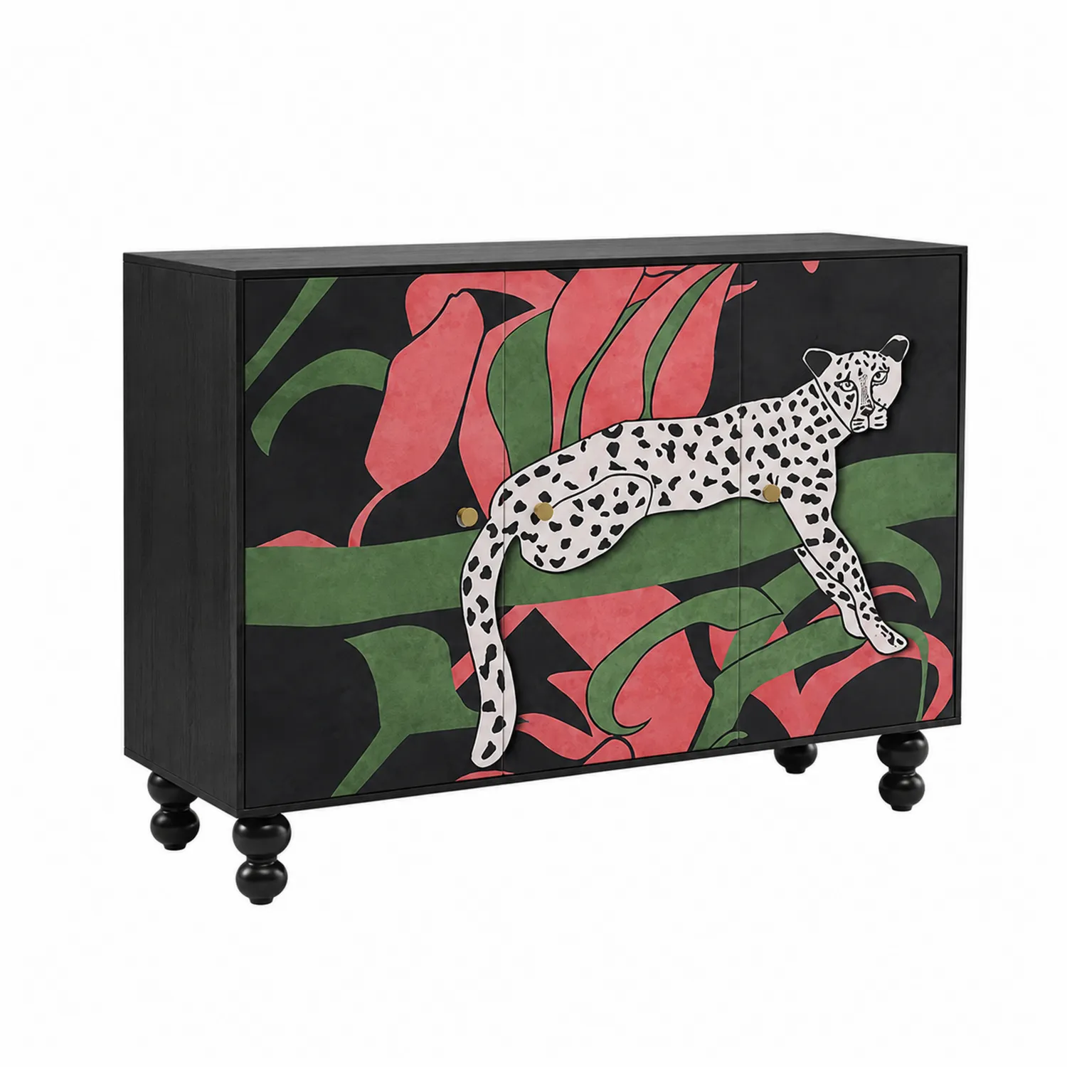 Holz Sideboard mit Leopardenmotiv, 100x40x80 cm, Schwarz/Grün/Rosa