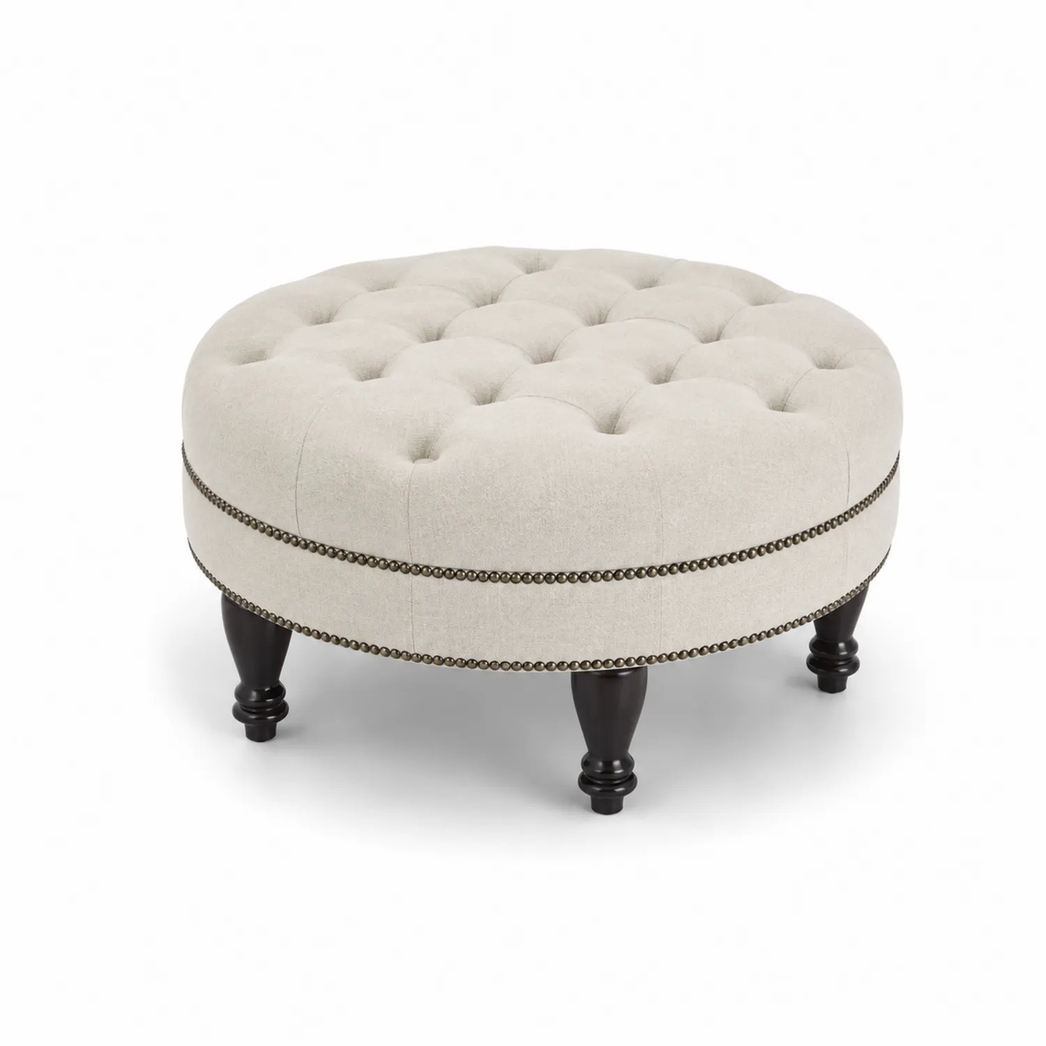 Runder Polsterhocker aus Massivholz und Leinen Beige Durchmesser 80 cm