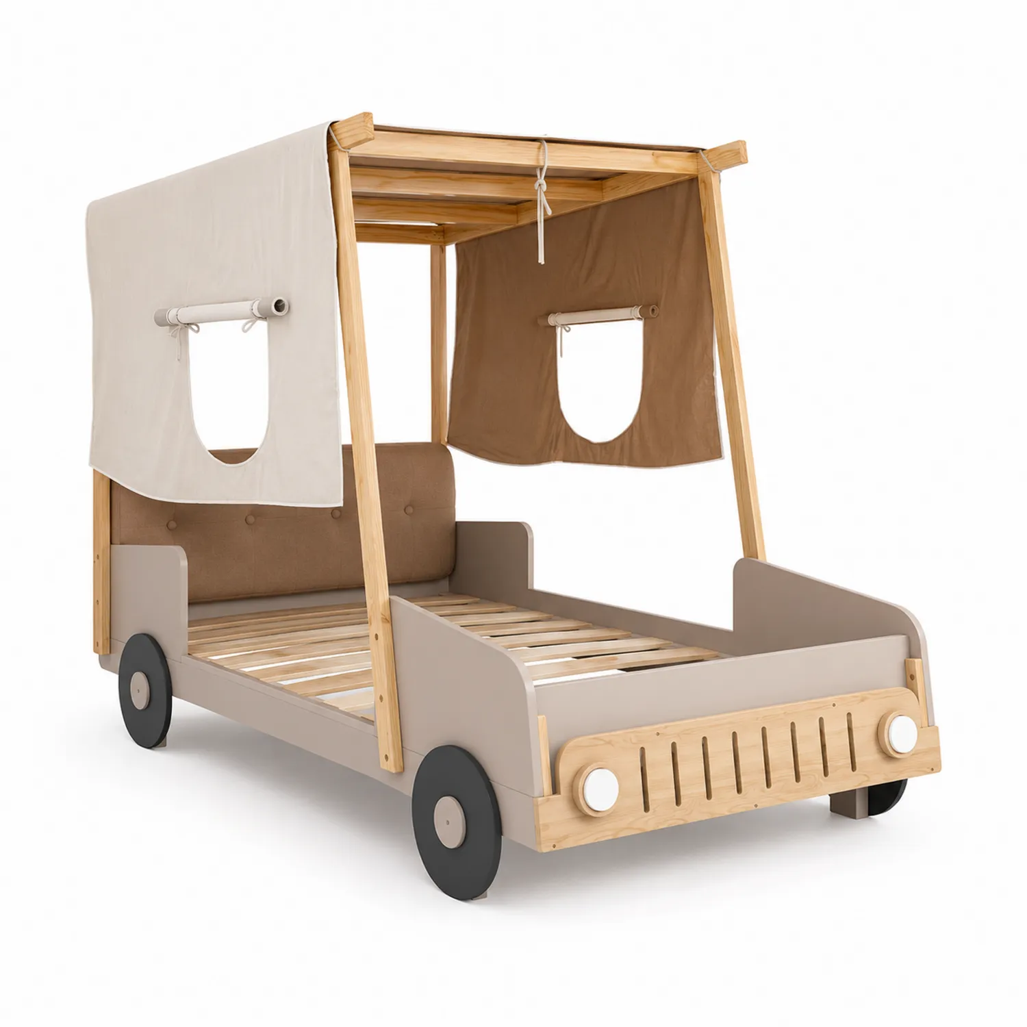 Kinderbett Holz Autoform mit Baldachin Beige/Braun 200x90 cm