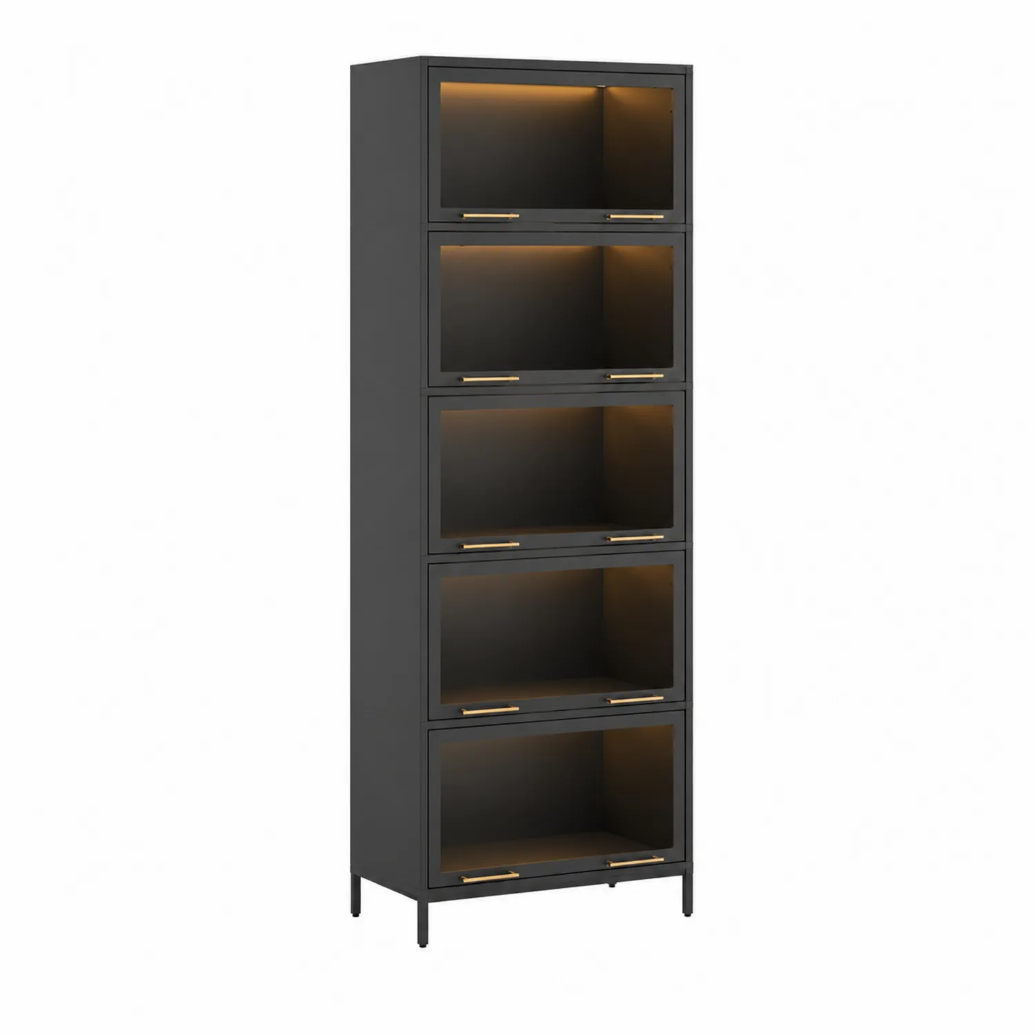 Schwarzer Buffetschrank mit Glasscheiben und Beleuchtung, MDF, Metallgriffe