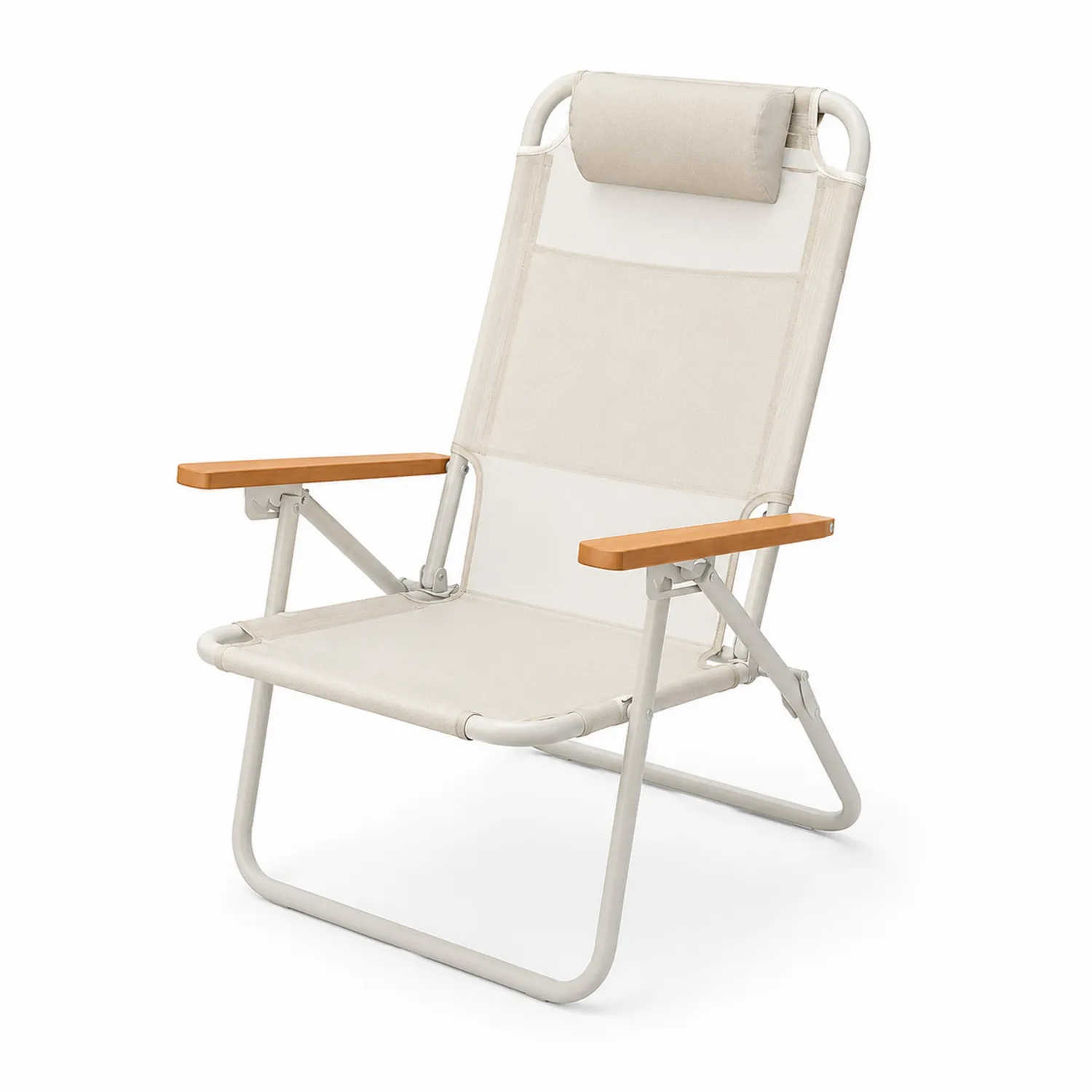 Stahlklappstuhl mit Holzarmlehnen und Polyestergewebe, Beige
