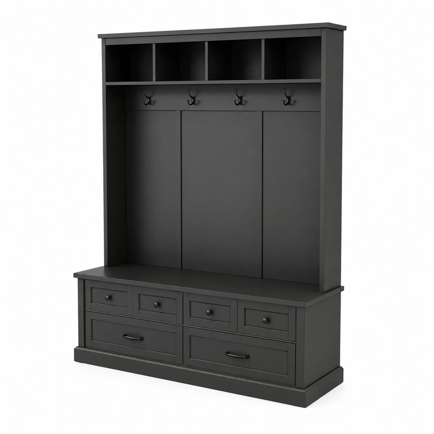 Schwarzes Holz-Garderobenregal mit Haken und Schubladen