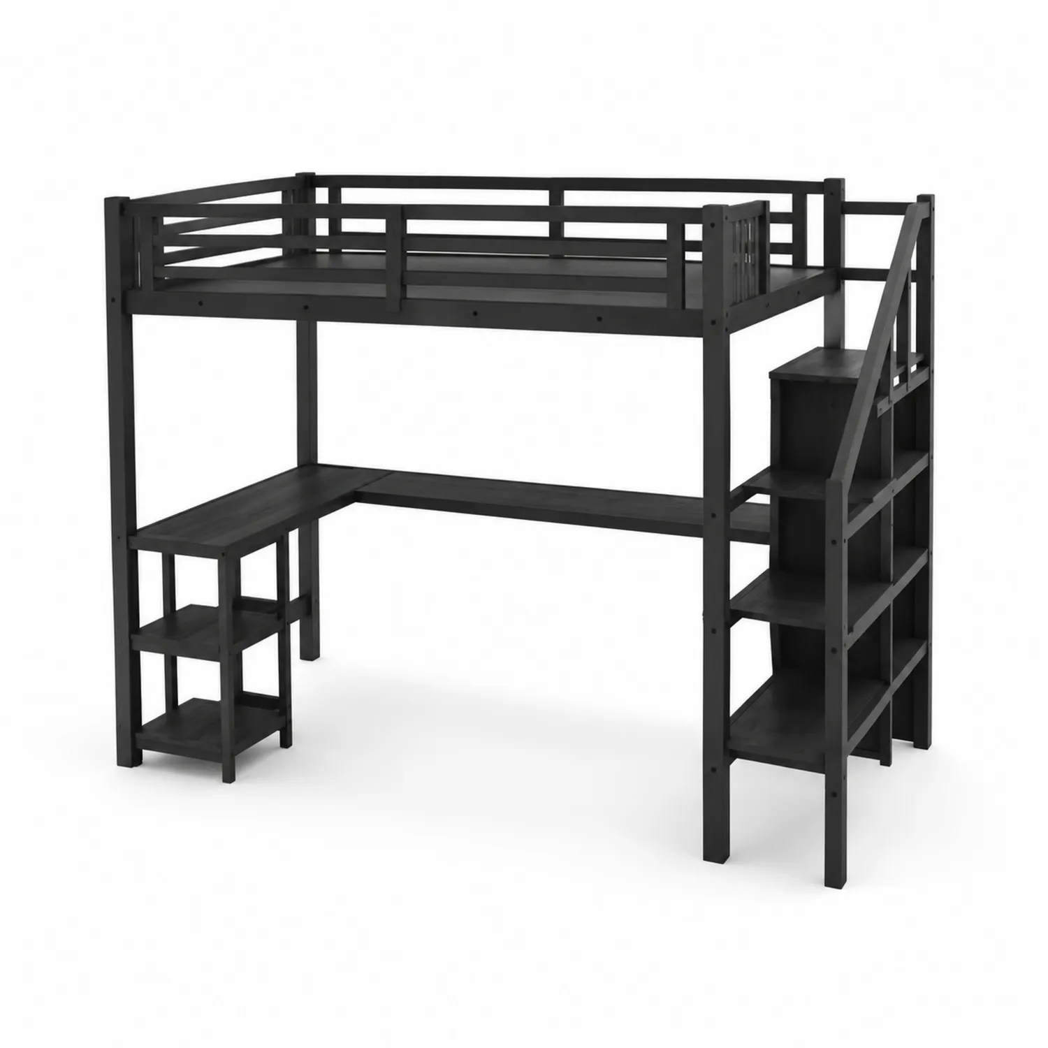 Hochbett aus Kiefernholz mit Treppe und Schreibtisch, Schwarz, 200x90 cm