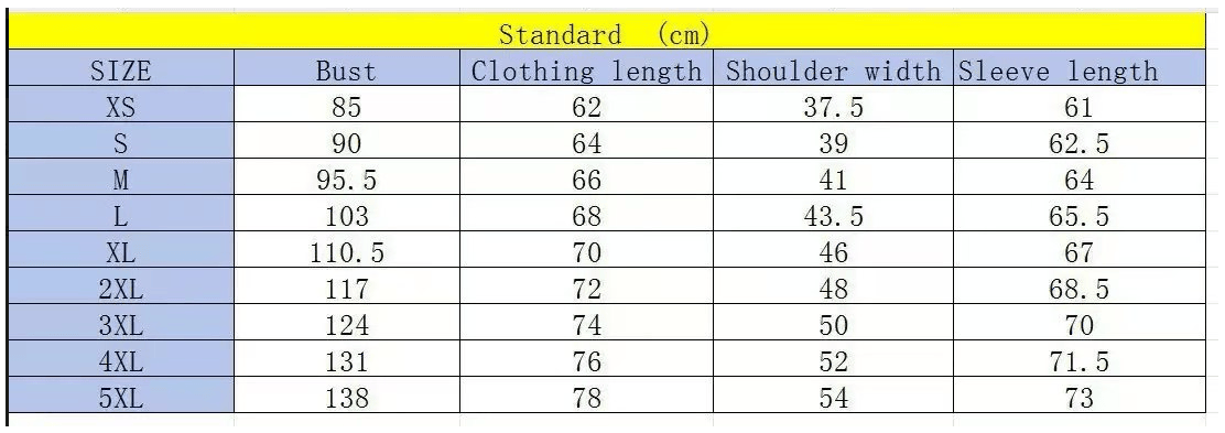 Windbreaker Jacket size chart