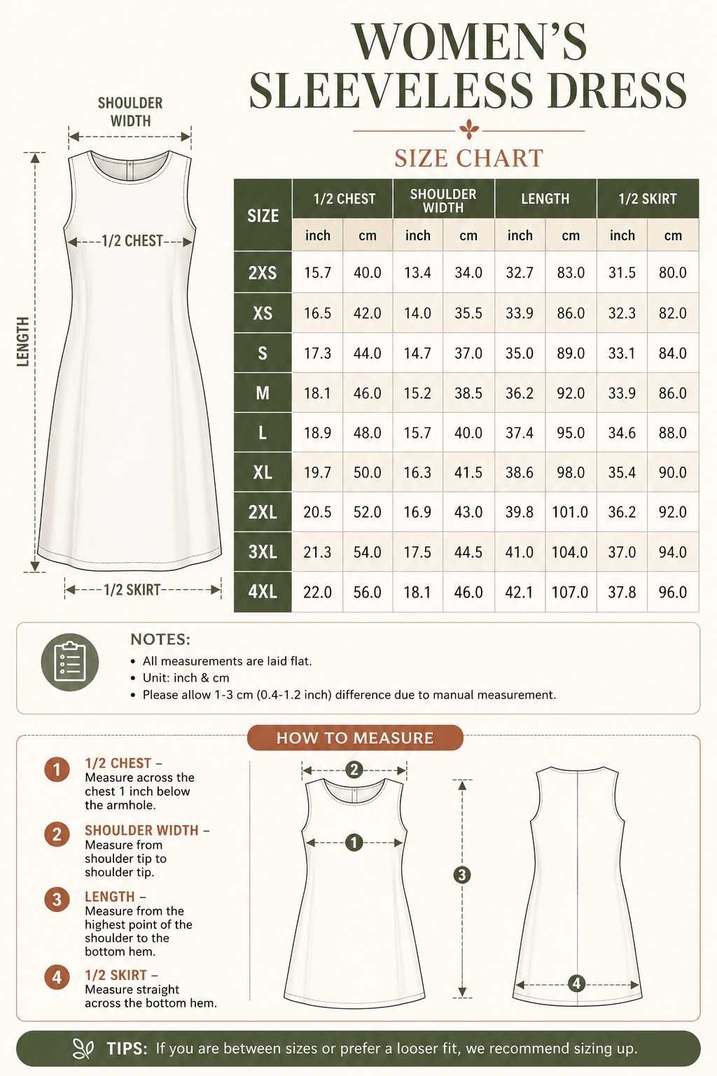 Women Sleeveless Dress Size Chart